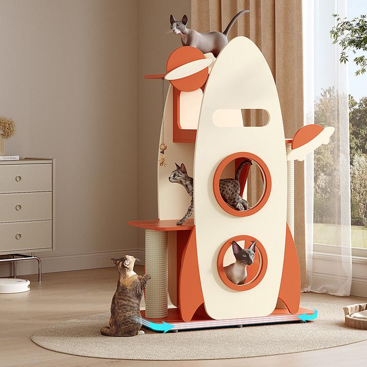 Dailypets Wooden Rocket Cat Tree with Sisal Scratching Posts and Cozy Capsules