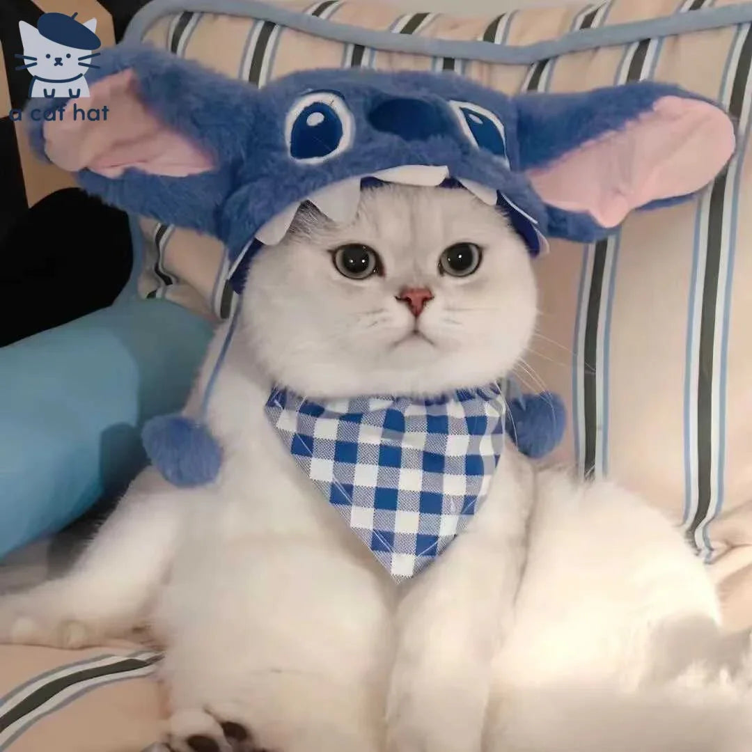 Dailypets Cartoon Character Cat Hat with Matching Bandana for Indoor Cats