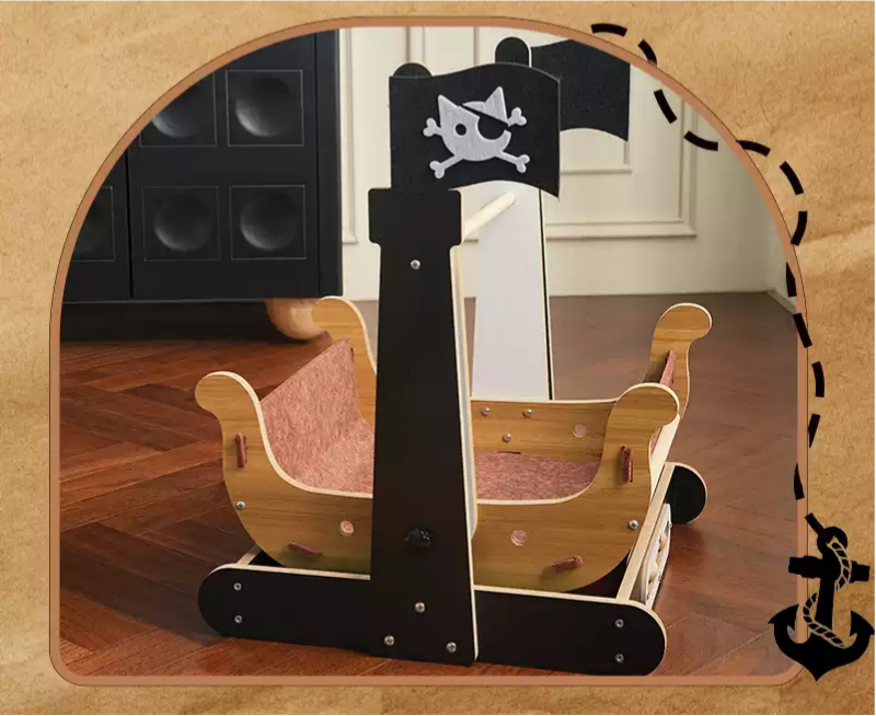 Dailypets Pirate Ship Cat Hammock Bed with Wooden Frame and Lockable Swing Design