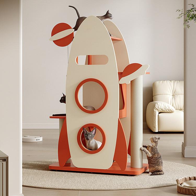 Dailypets Wooden Rocket Cat Tree with Sisal Scratching Posts and Cozy Capsules