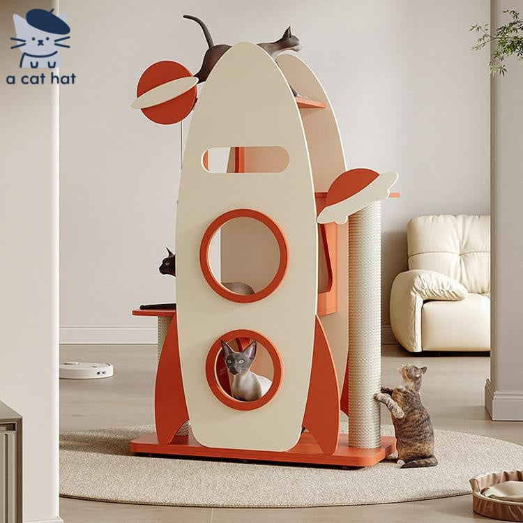 Dailypets Wooden Rocket Cat Tree with Sisal Scratching Posts and Cozy Capsules