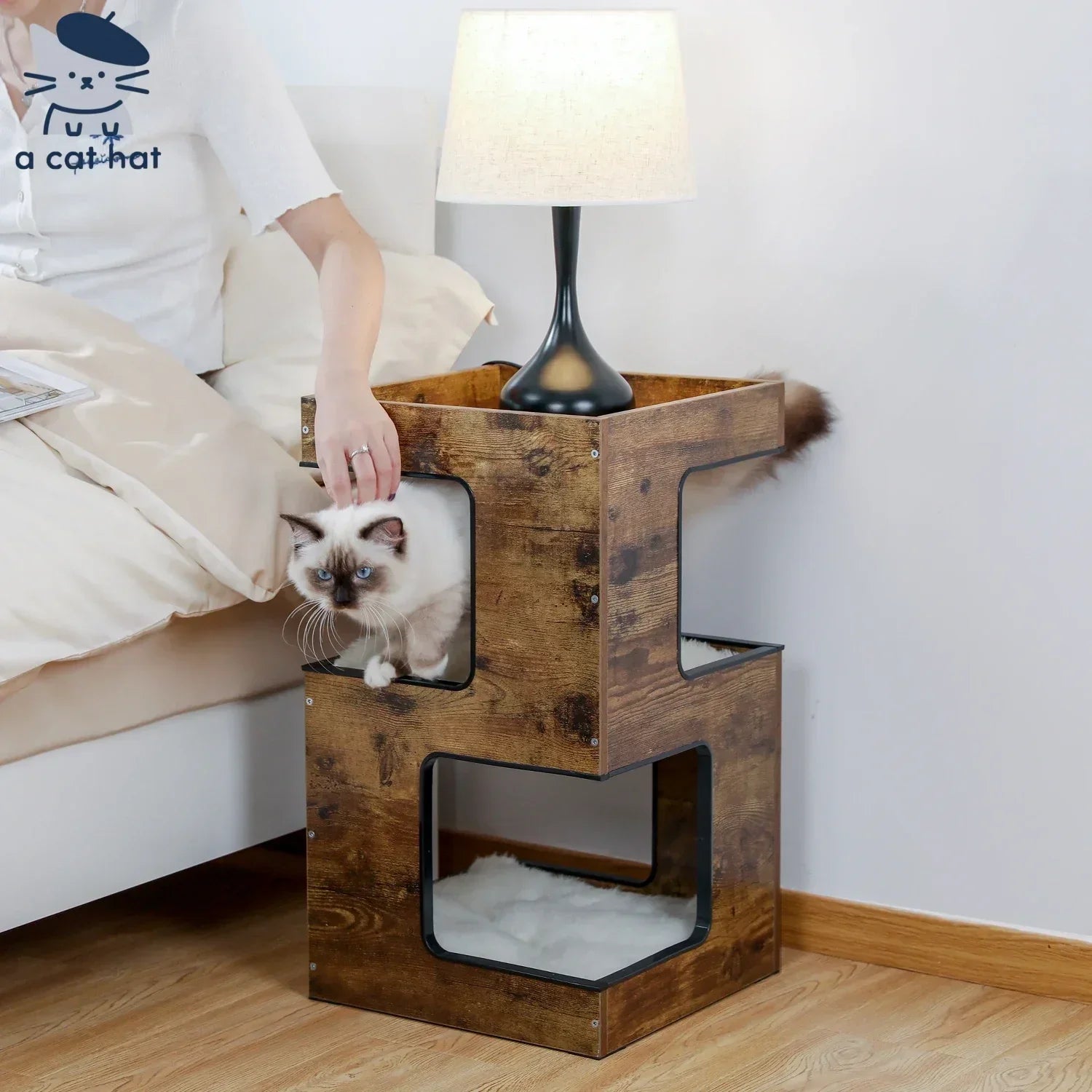 Dailypets Modern Side Table Cat Tree with Cozy Cat Condo, Scratching Post and Open Loungers