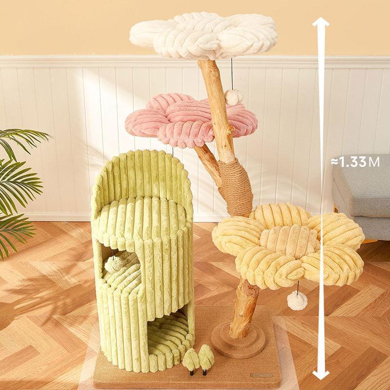 Dailypets Flower Cloud-Top Cat Tree with Fruitwood Posts and Cozy Cat Cave for Indoor Cats