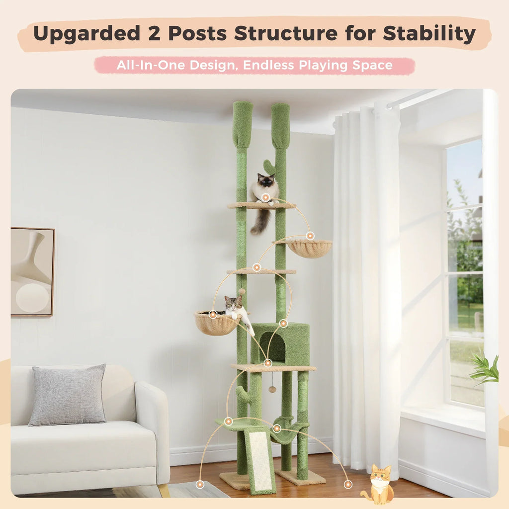 Dailypets Tall Cactus Cat Tree with Rattan Hanging Bed, Cozy Hideaway and Multi-Level Platforms