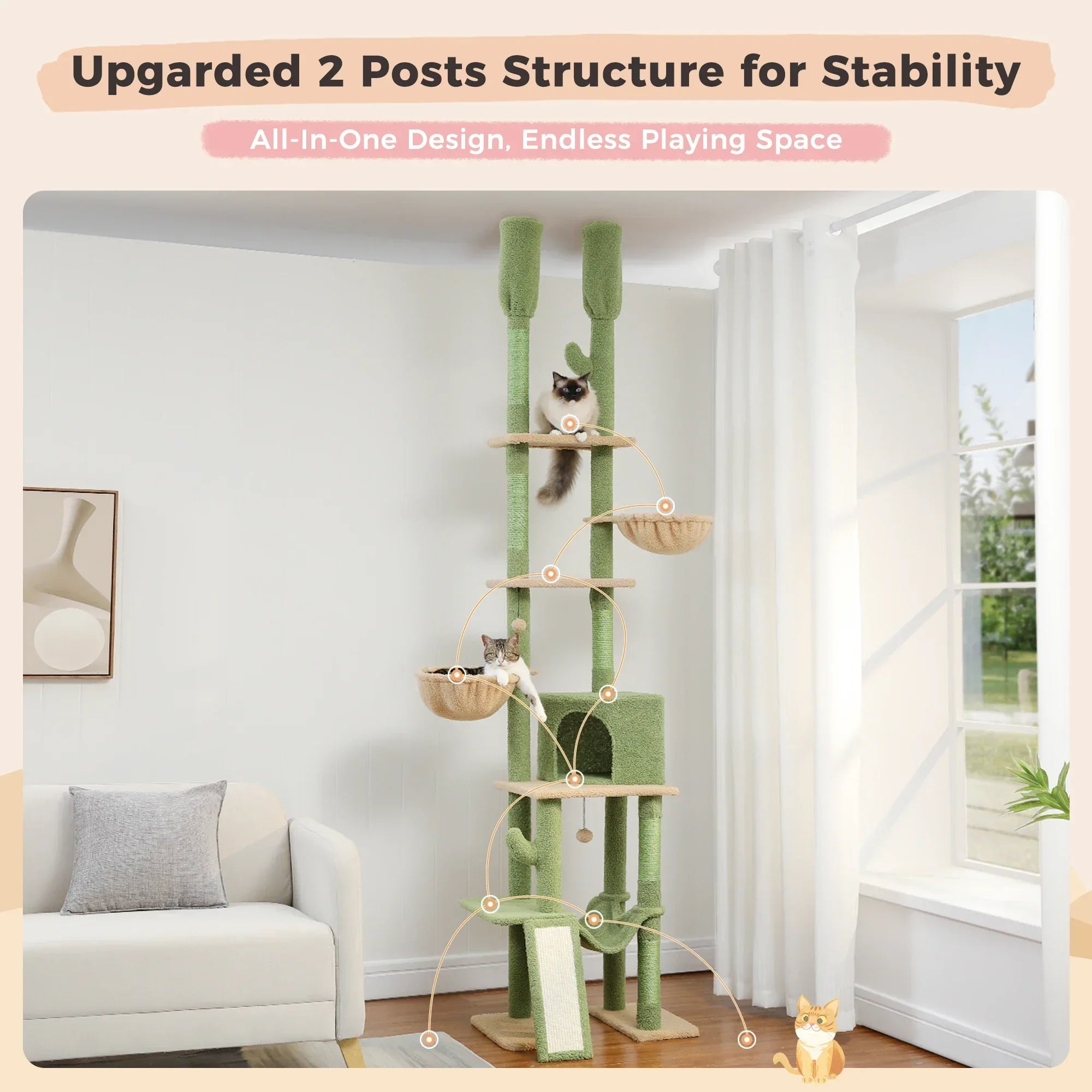 Dailypets Tall Cactus Cat Tree with Rattan Hanging Bed, Cozy Hideaway and Multi-Level Platforms