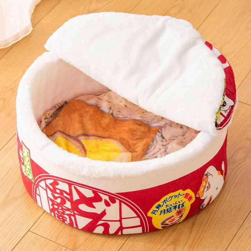 Dailypets Japanese Ramen Bowl Cat Bed – Plush Round Bed for Indoor Cats