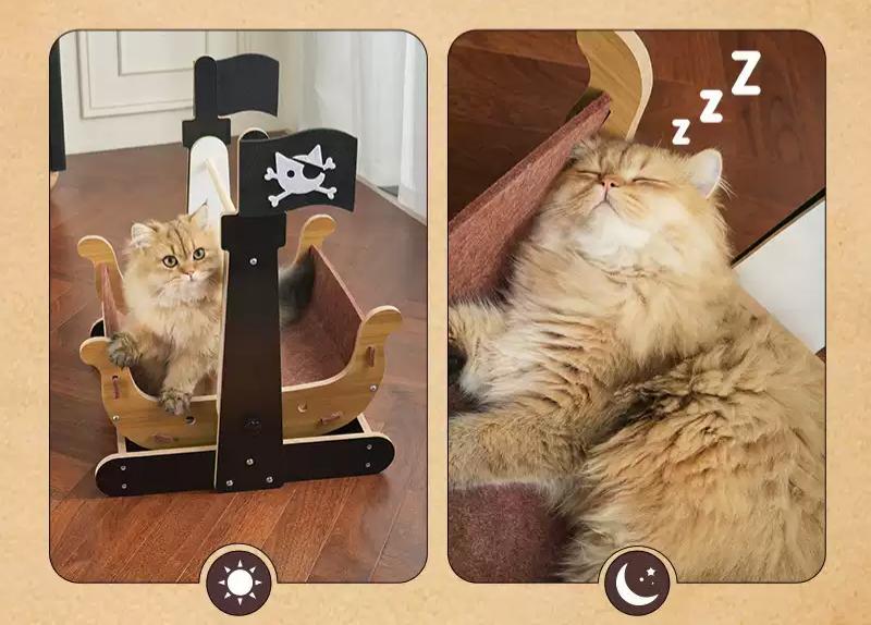Dailypets Pirate Ship Cat Hammock Bed with Wooden Frame and Lockable Swing Design