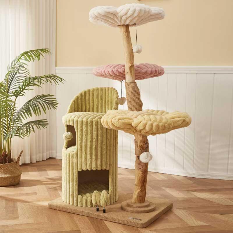 Dailypets Flower Cloud-Top Cat Tree with Fruitwood Posts and Cozy Cat Cave for Indoor Cats