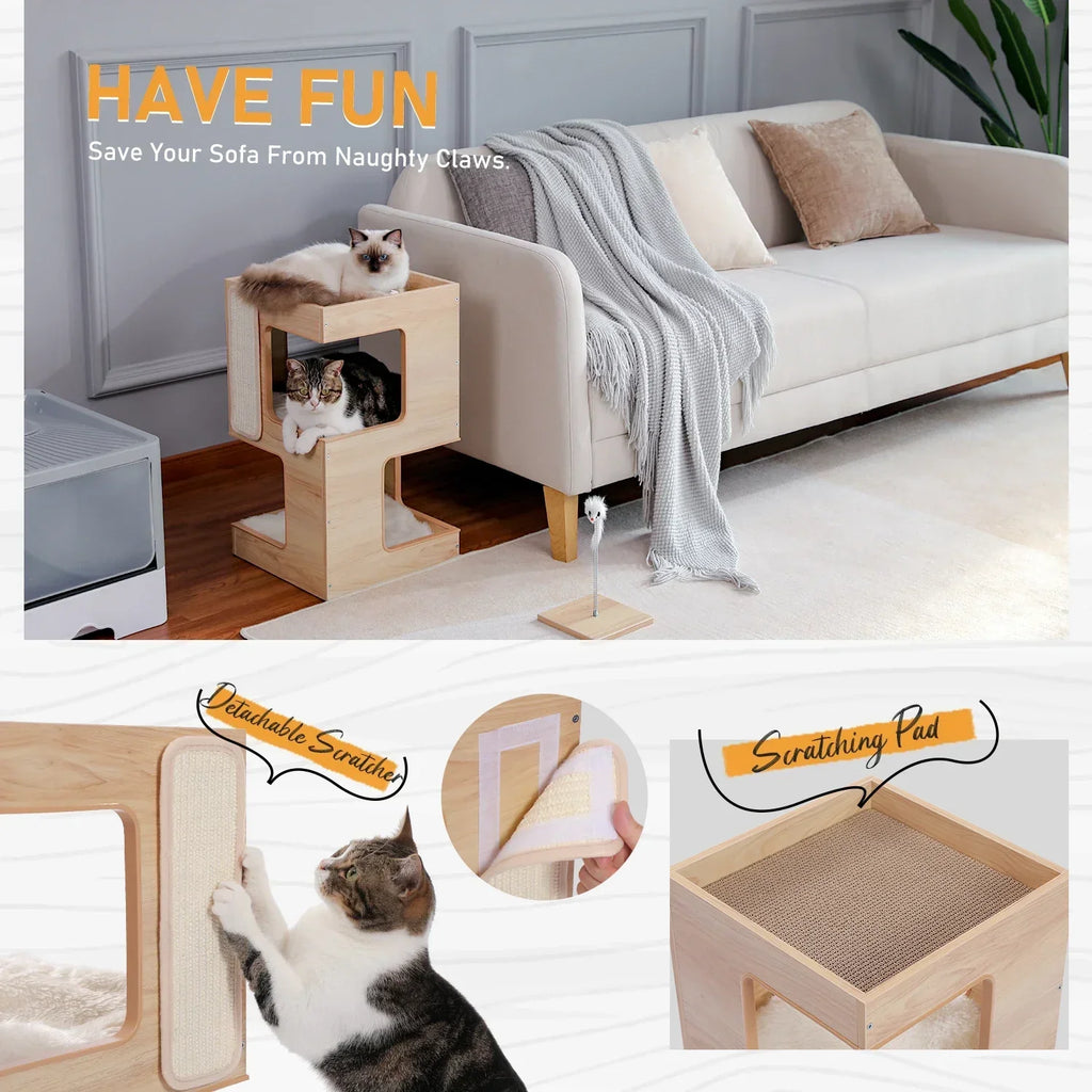 Dailypets Modern Side Table Cat Tree with Cozy Cat Condo, Scratching Post and Open Loungers