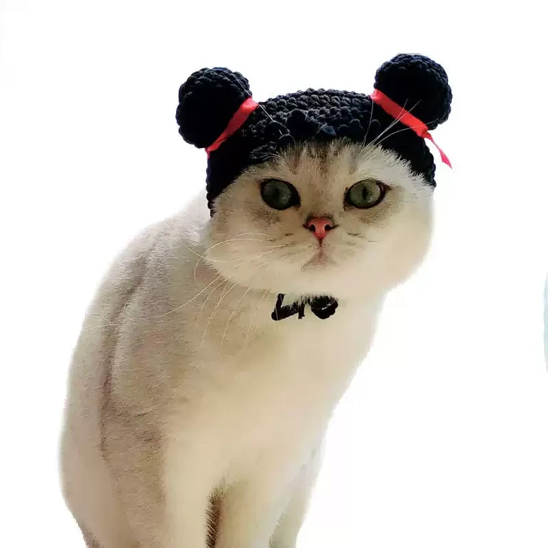 Dailypets Crocheted Bun Cat Hat with Red Ribbon Accents for Photo Sessions
