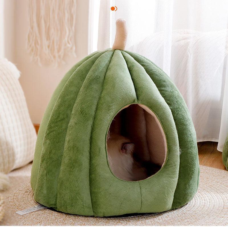 Dailypets Cozy Pumpkin-Shaped Semi-Enclosed Cat Bed with Soft Plush Warm Sleeping Nest