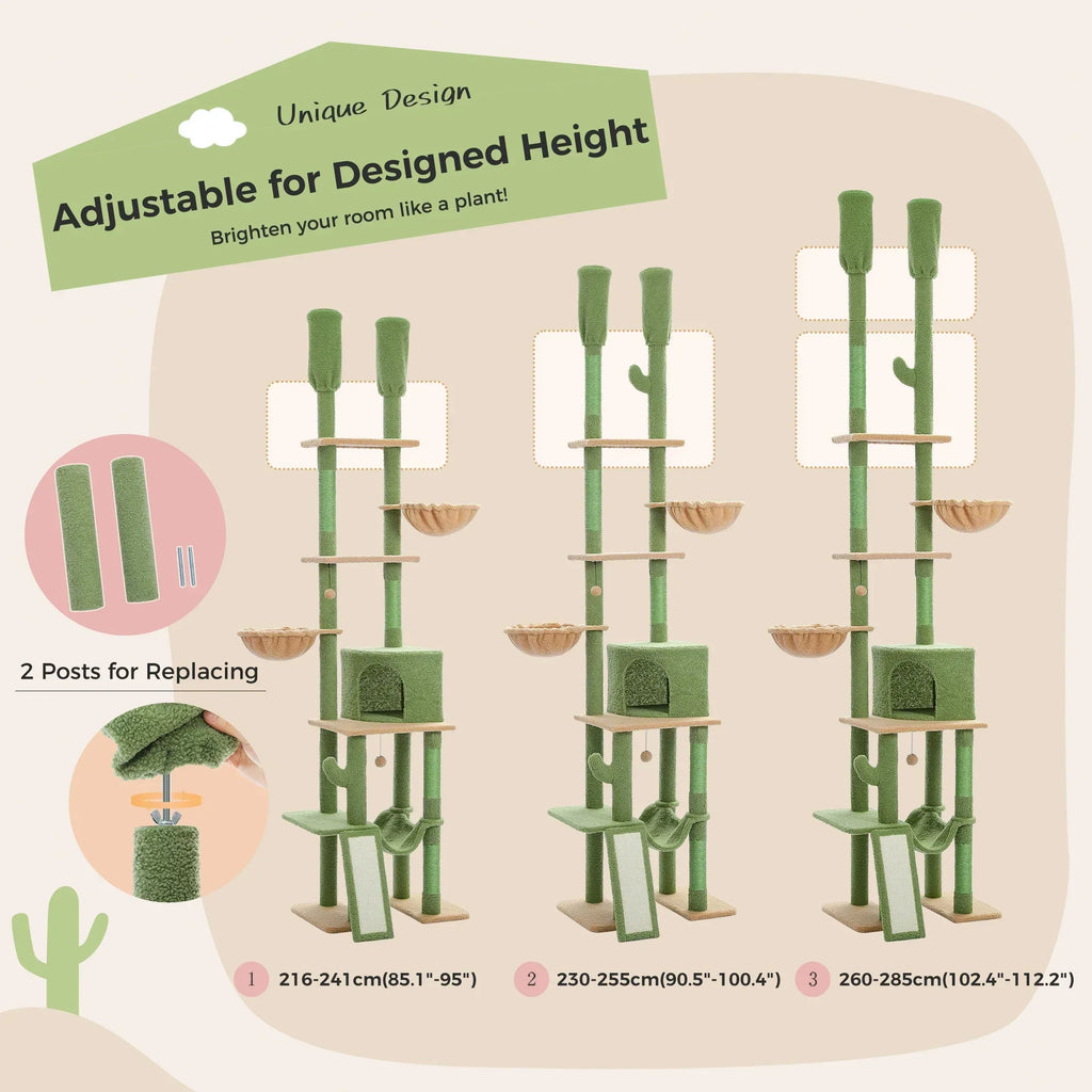 Dailypets Tall Cactus Cat Tree with Rattan Hanging Bed, Cozy Hideaway and Multi-Level Platforms
