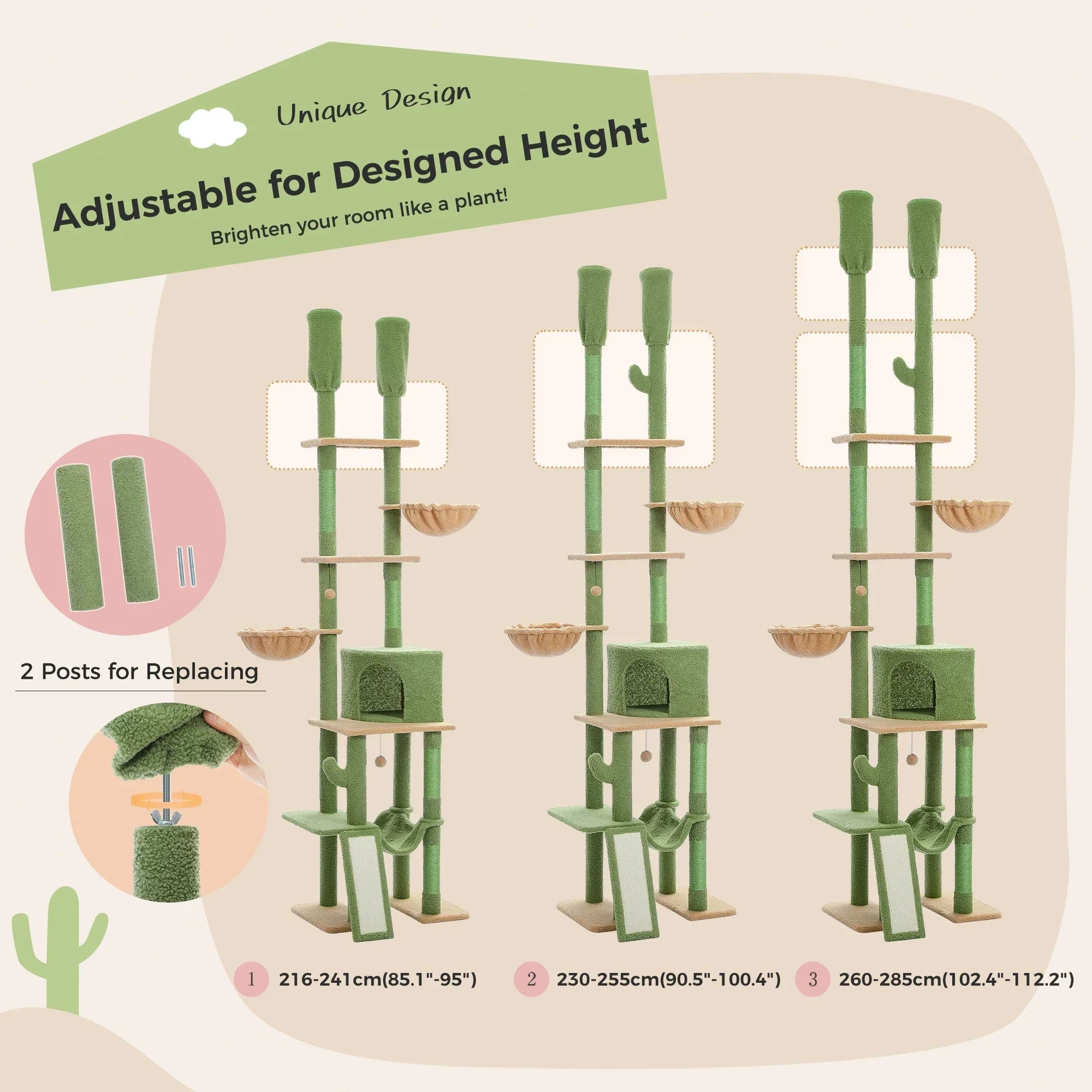 Dailypets Tall Cactus Cat Tree with Rattan Hanging Bed, Cozy Hideaway and Multi-Level Platforms