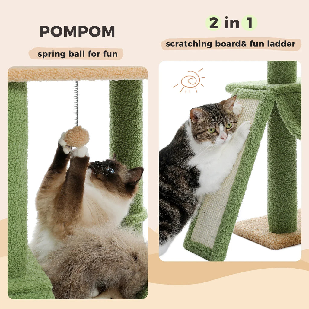 Dailypets Tall Cactus Cat Tree with Rattan Hanging Bed, Cozy Hideaway and Multi-Level Platforms