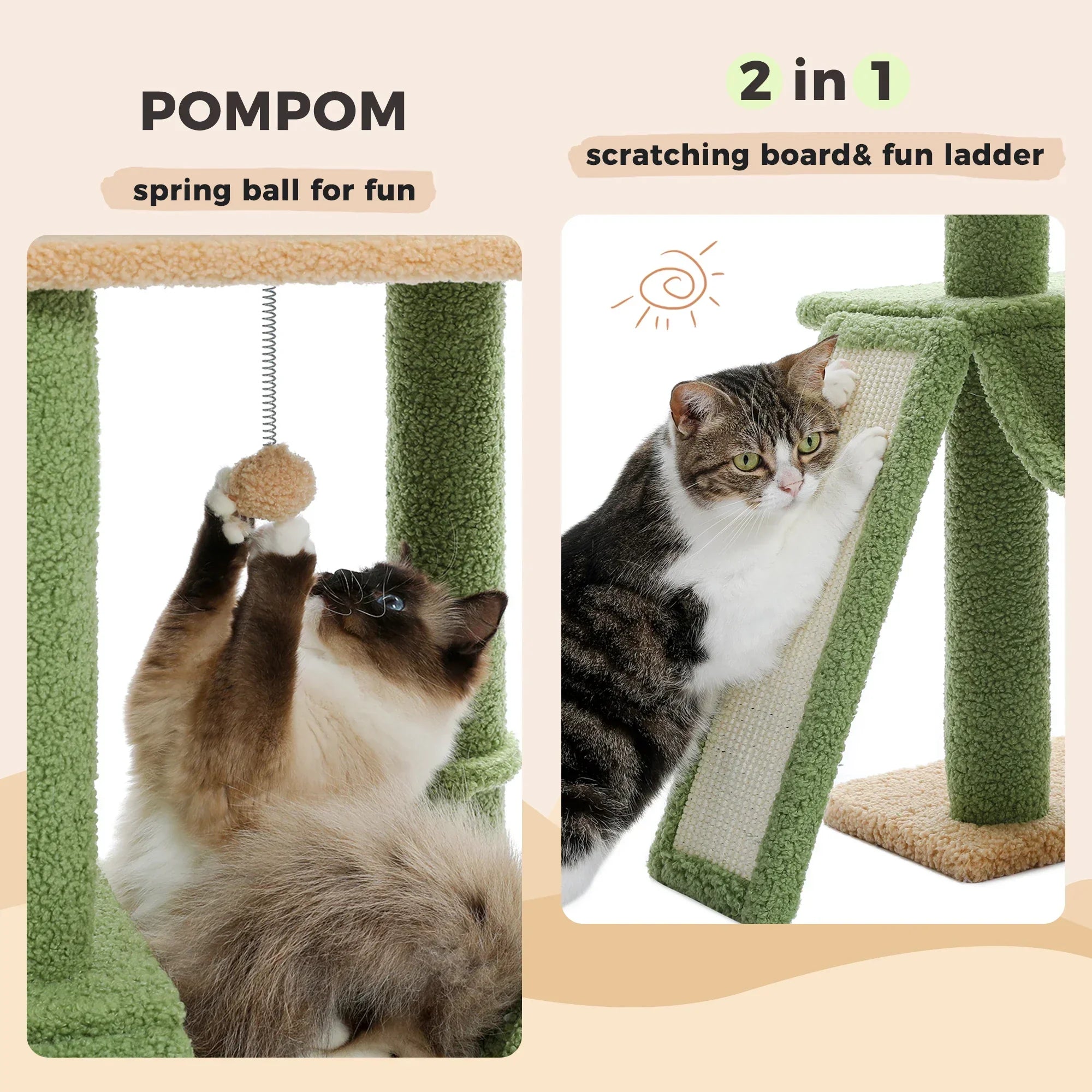 Dailypets Tall Cactus Cat Tree with Rattan Hanging Bed, Cozy Hideaway and Multi-Level Platforms