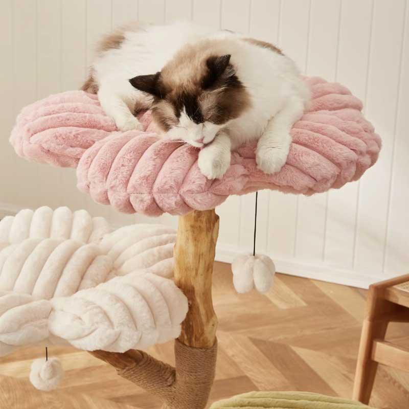 Dailypets Flower Cloud-Top Cat Tree with Fruitwood Posts and Cozy Cat Cave for Indoor Cats