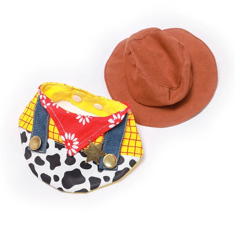 Dailypets Cowboy Sheriff Cat Costume Set with Western Hat and Patchwork Bib