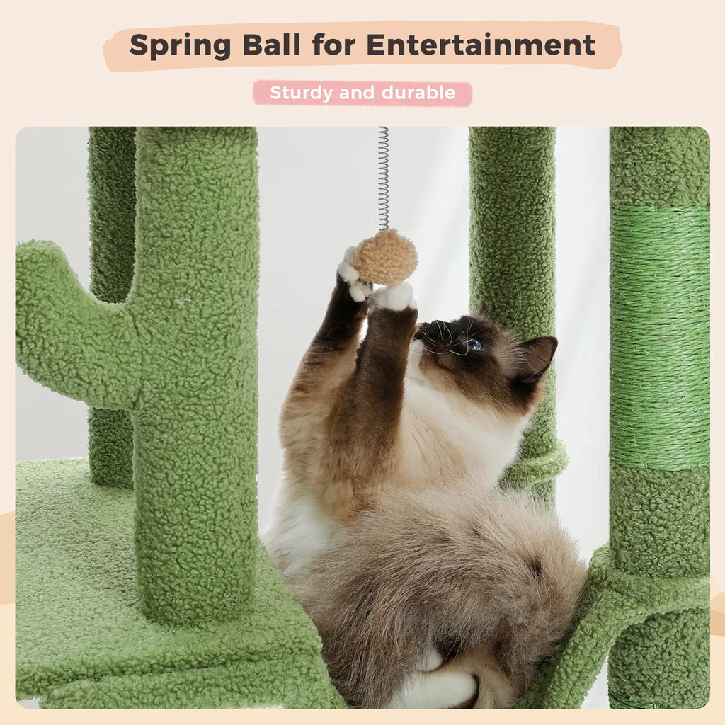 Dailypets Tall Cactus Cat Tree with Rattan Hanging Bed, Cozy Hideaway and Multi-Level Platforms
