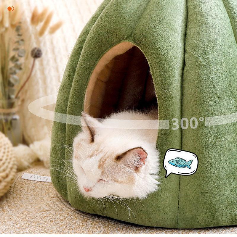 Dailypets Cozy Pumpkin-Shaped Semi-Enclosed Cat Bed with Soft Plush Warm Sleeping Nest