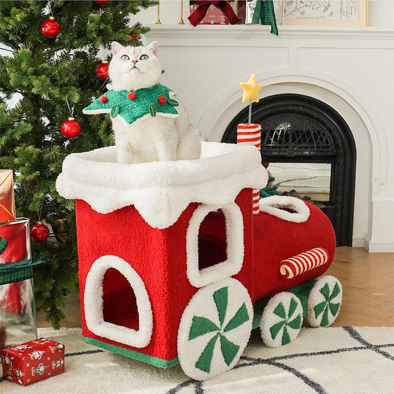 Dailypets Christmas Cat Activity Tree with Connected Cat Houses and Scratching Posts