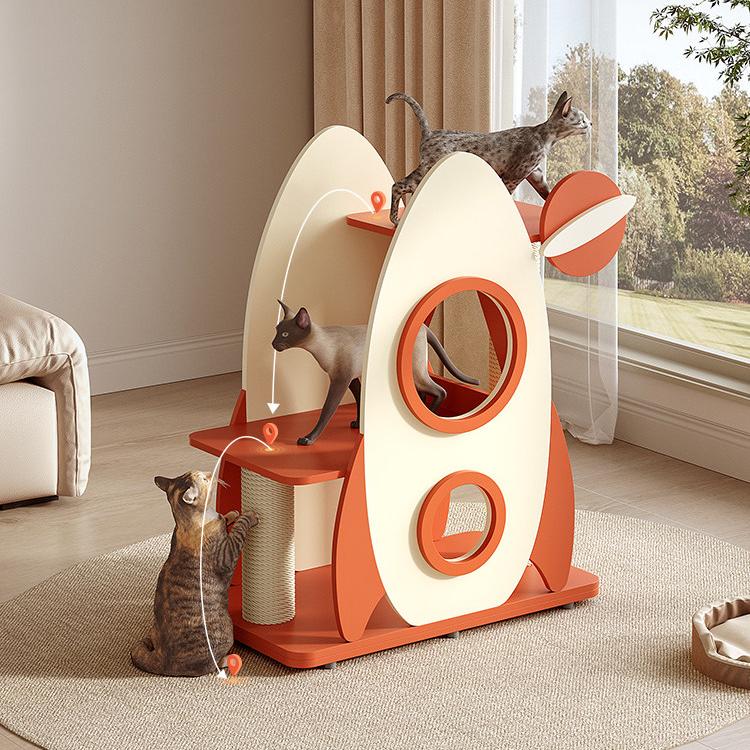 Dailypets Wooden Rocket Cat Tree with Sisal Scratching Posts and Cozy Capsules