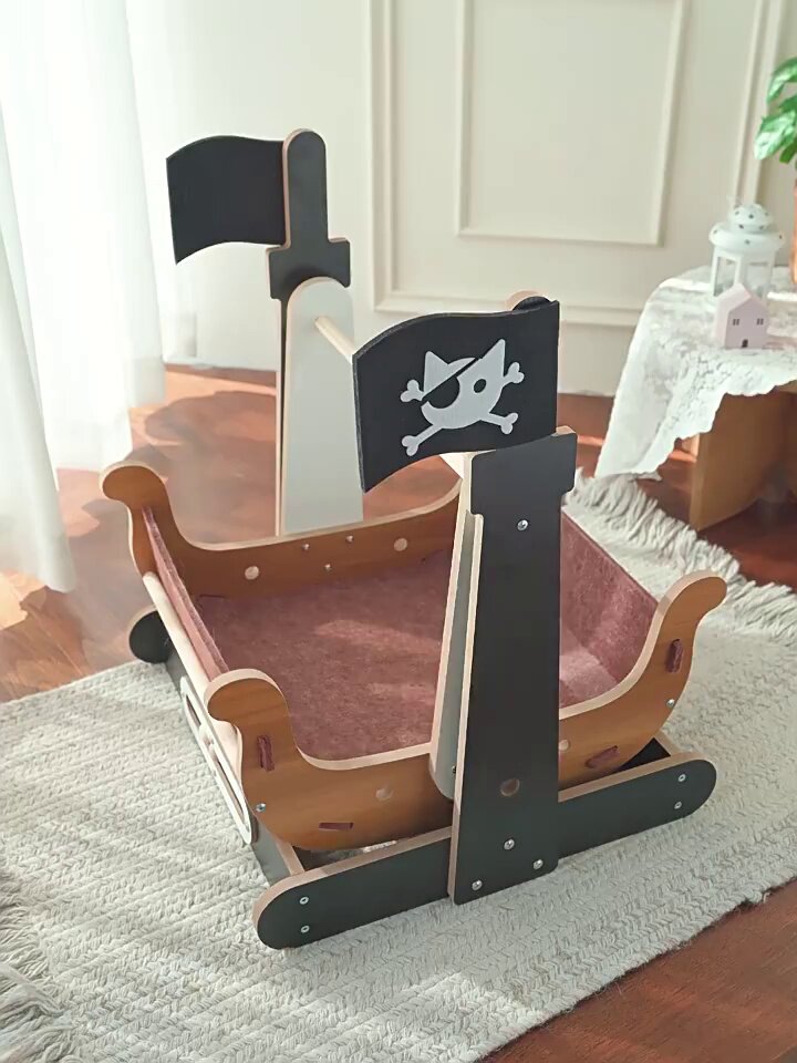 Dailypets Pirate Ship Cat Hammock Bed with Wooden Frame and Lockable Swing Design