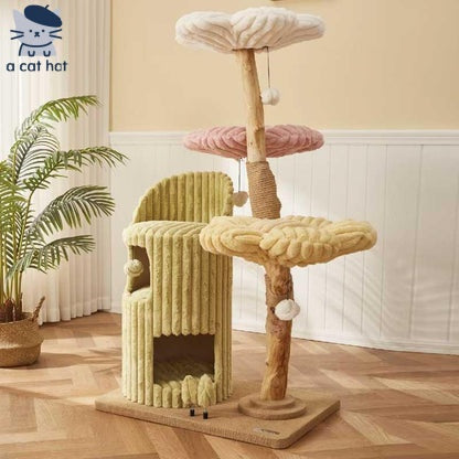 Dailypets Flower Cloud-Top Cat Tree with Fruitwood Posts and Cozy Cat Cave for Indoor Cats