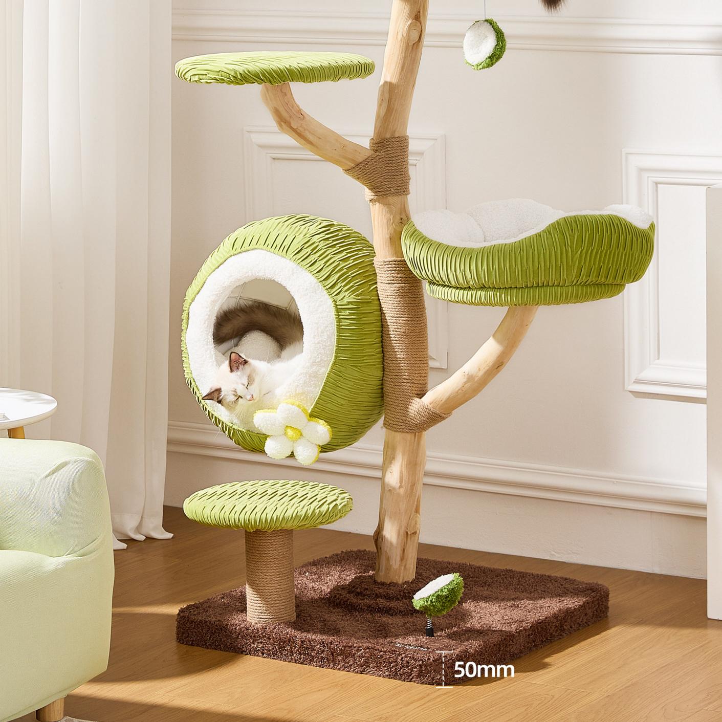 Dailypets Natural Wood Cat Tree with Coconut Cat Bed and Multi-Level Climbing Platforms