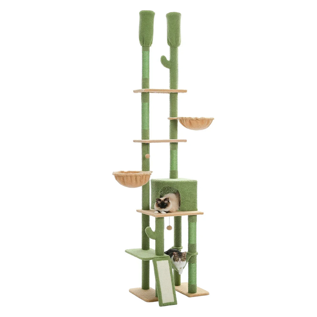 Dailypets Tall Cactus Cat Tree with Rattan Hanging Bed, Cozy Hideaway and Multi-Level Platforms