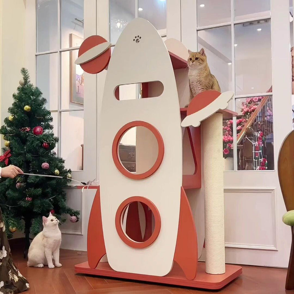 Dailypets Wooden Rocket Cat Tree with Sisal Scratching Posts and Cozy Capsules