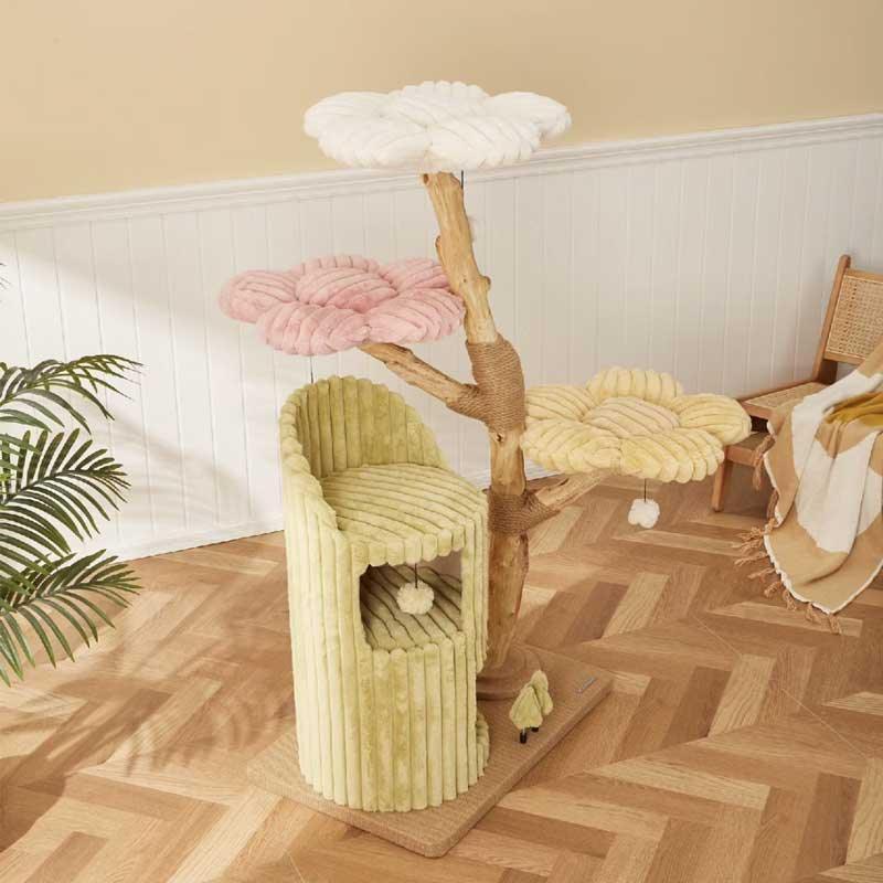 Dailypets Flower Cloud-Top Cat Tree with Fruitwood Posts and Cozy Cat Cave for Indoor Cats