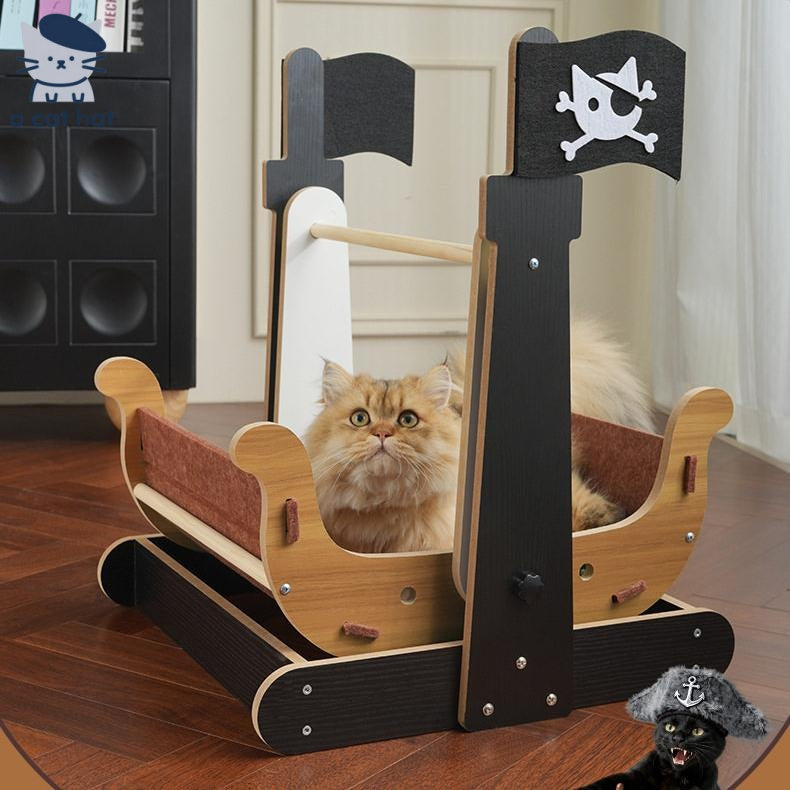 Dailypets Pirate Ship Cat Hammock Bed with Wooden Frame and Lockable Swing Design