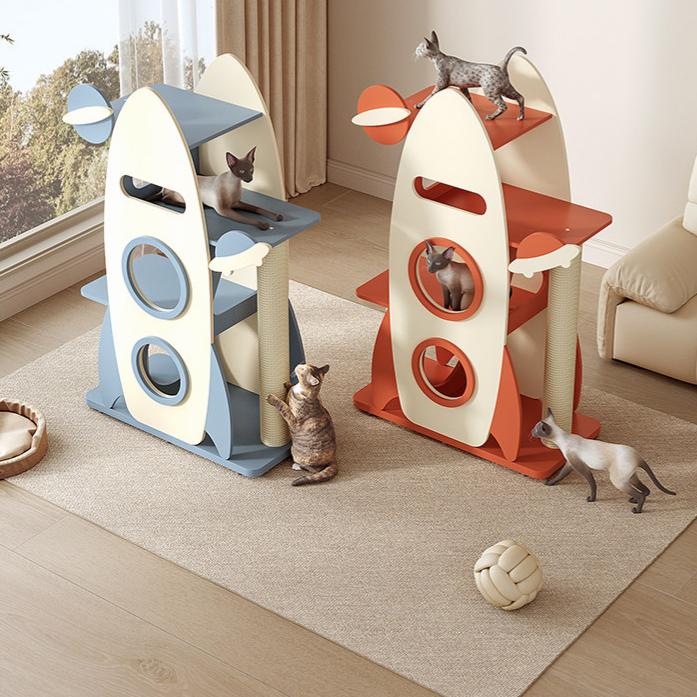 Dailypets Wooden Rocket Cat Tree with Sisal Scratching Posts and Cozy Capsules