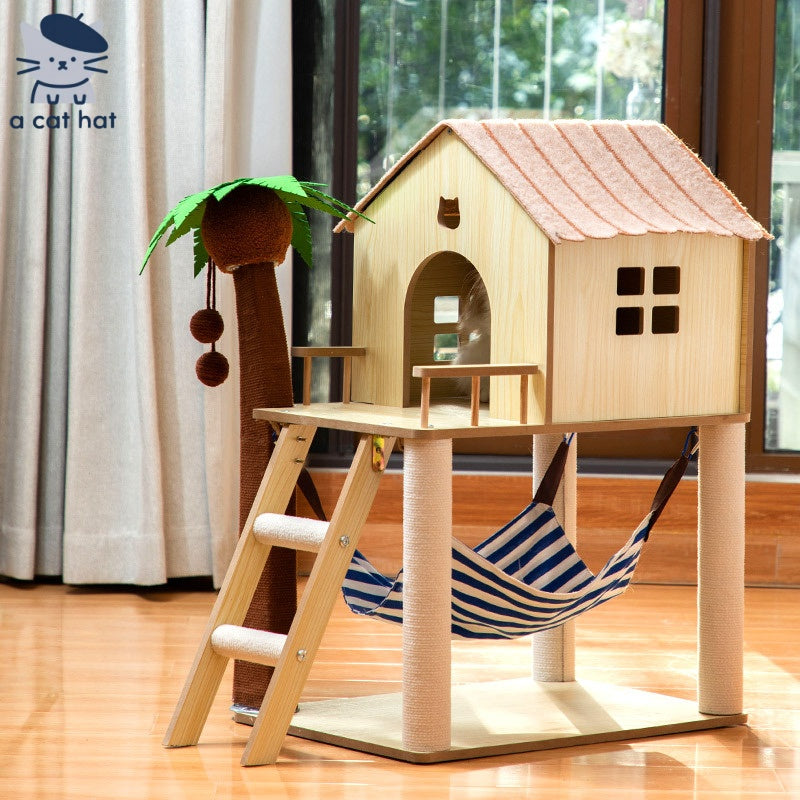 Dailypets Coconut Tree Cat Tree with Hammock and Cozy Cabin for Senior Indoor Cats