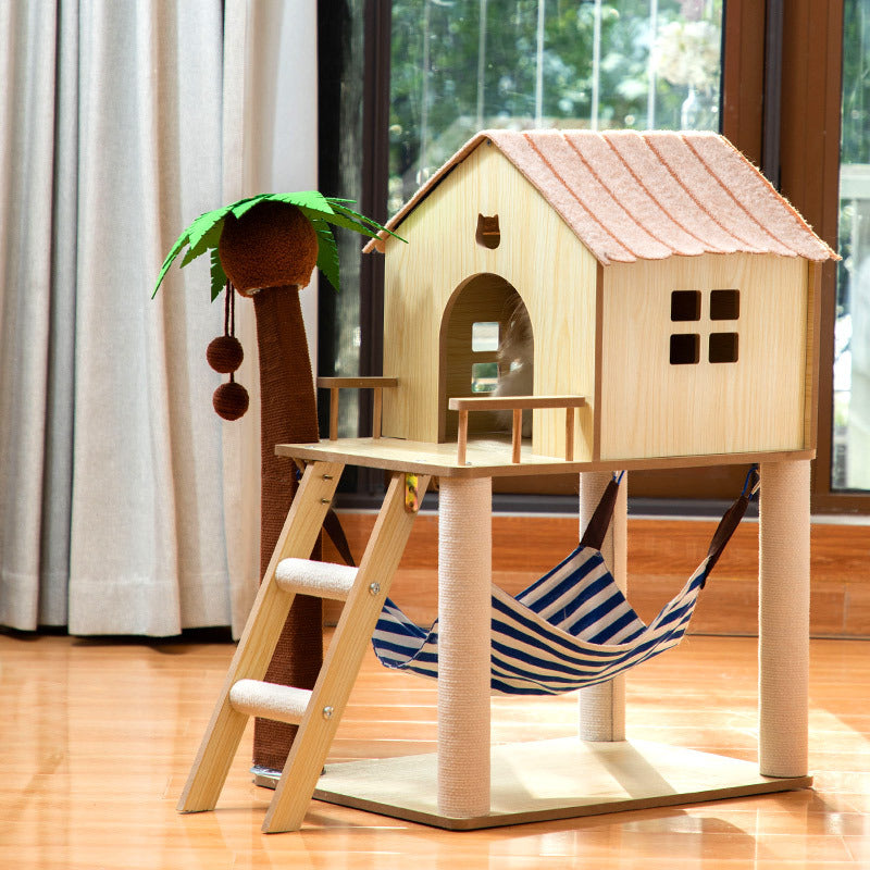 Dailypets Coconut Tree Cat Tree with Hammock and Cozy Cabin for Senior Indoor Cats