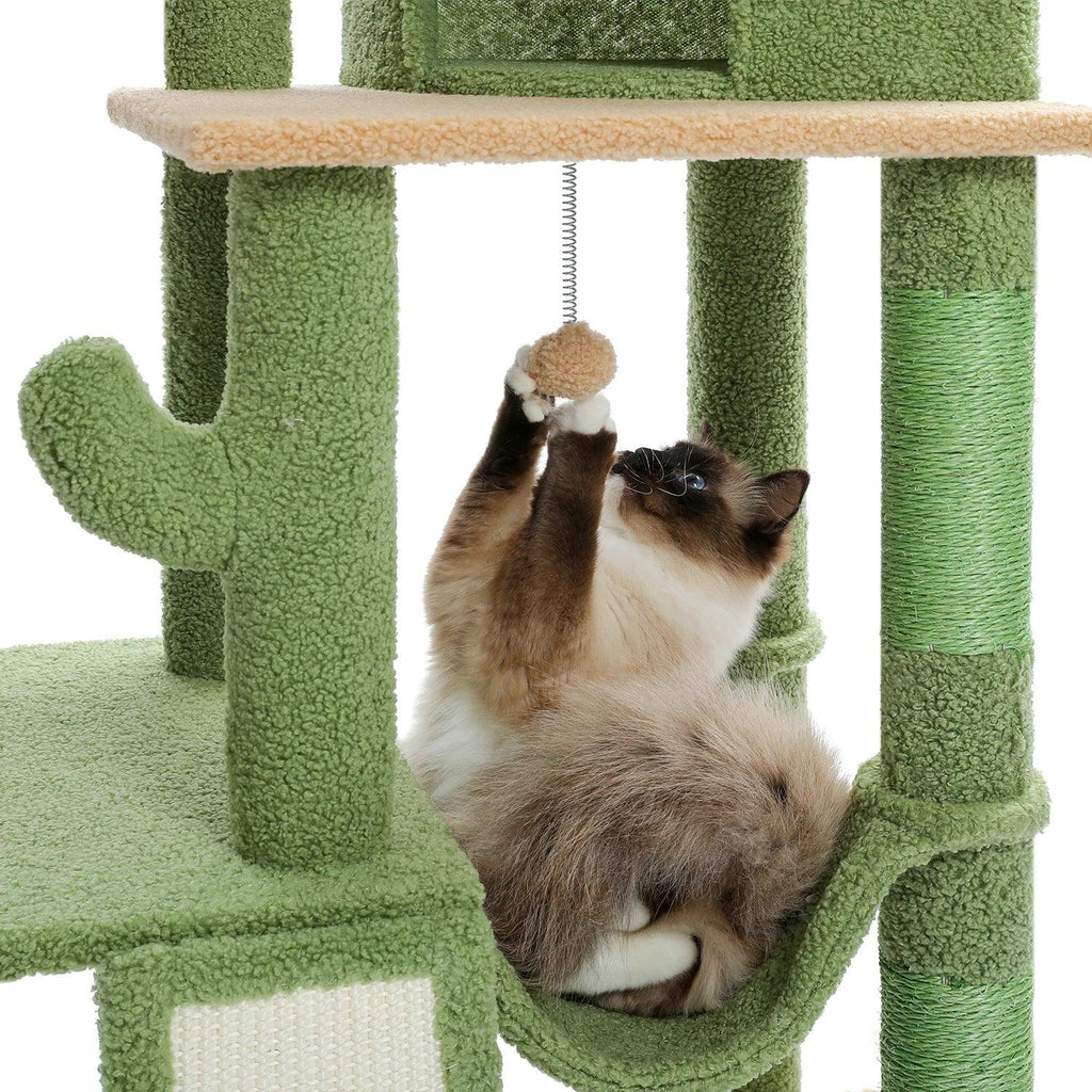 Dailypets Tall Cactus Cat Tree with Rattan Hanging Bed, Cozy Hideaway and Multi-Level Platforms