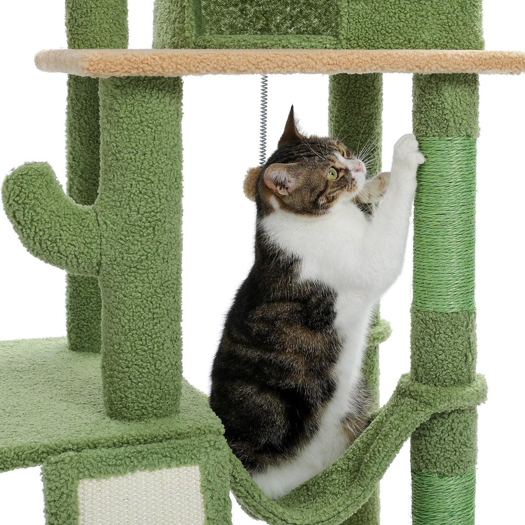 Dailypets Tall Cactus Cat Tree with Rattan Hanging Bed, Cozy Hideaway and Multi-Level Platforms