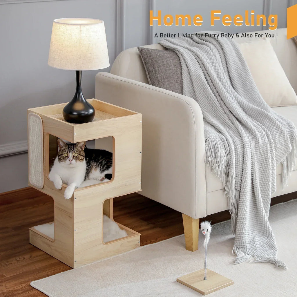 Dailypets Modern Side Table Cat Tree with Cozy Cat Condo, Scratching Post and Open Loungers