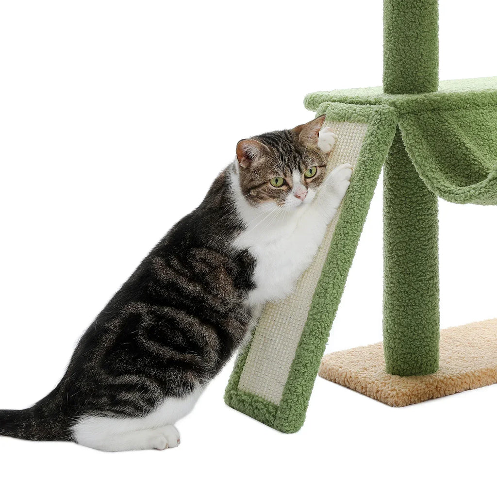 Dailypets Tall Cactus Cat Tree with Rattan Hanging Bed, Cozy Hideaway and Multi-Level Platforms