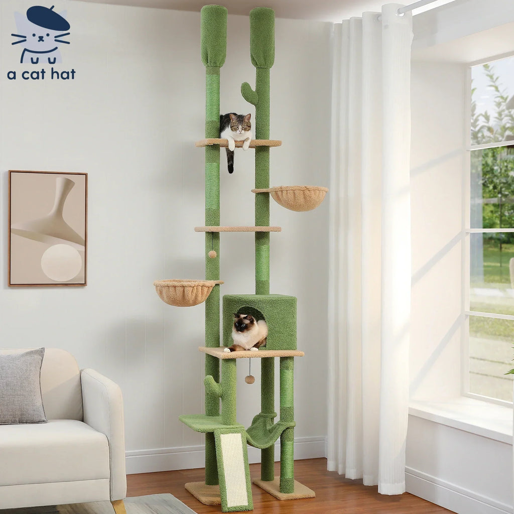 Dailypets Tall Cactus Cat Tree with Rattan Hanging Bed, Cozy Hideaway and Multi-Level Platforms
