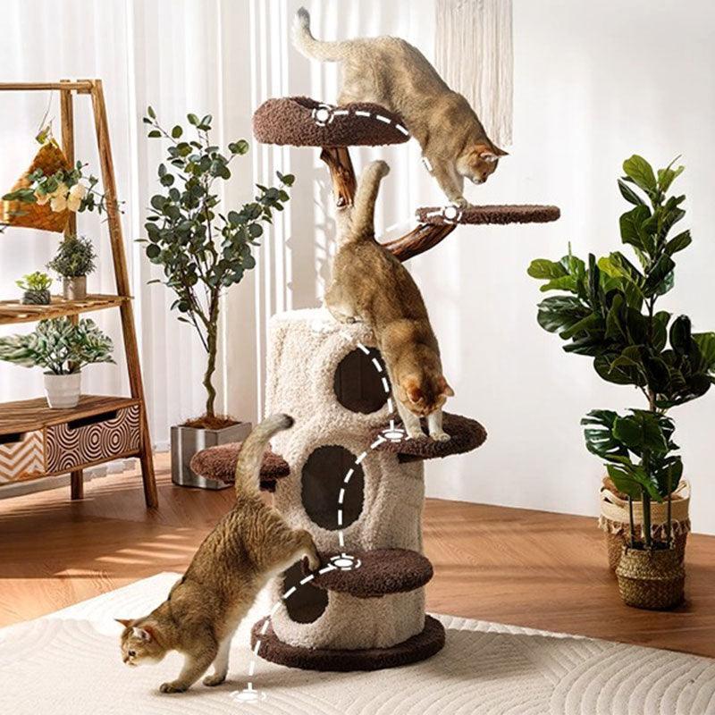 Dailypets Solid Wood Mushroom Cat Tree with Multi-Level Platforms and Sisal Scratching Posts