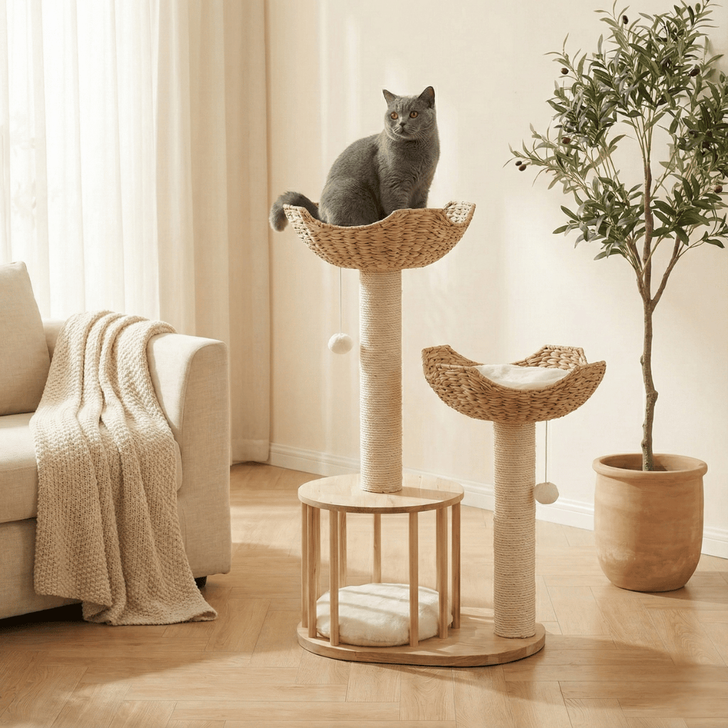 Dailypets Luxury Boho Cat Tree – Twin Woven Basket Cat Tower with Sisal Scratching Posts