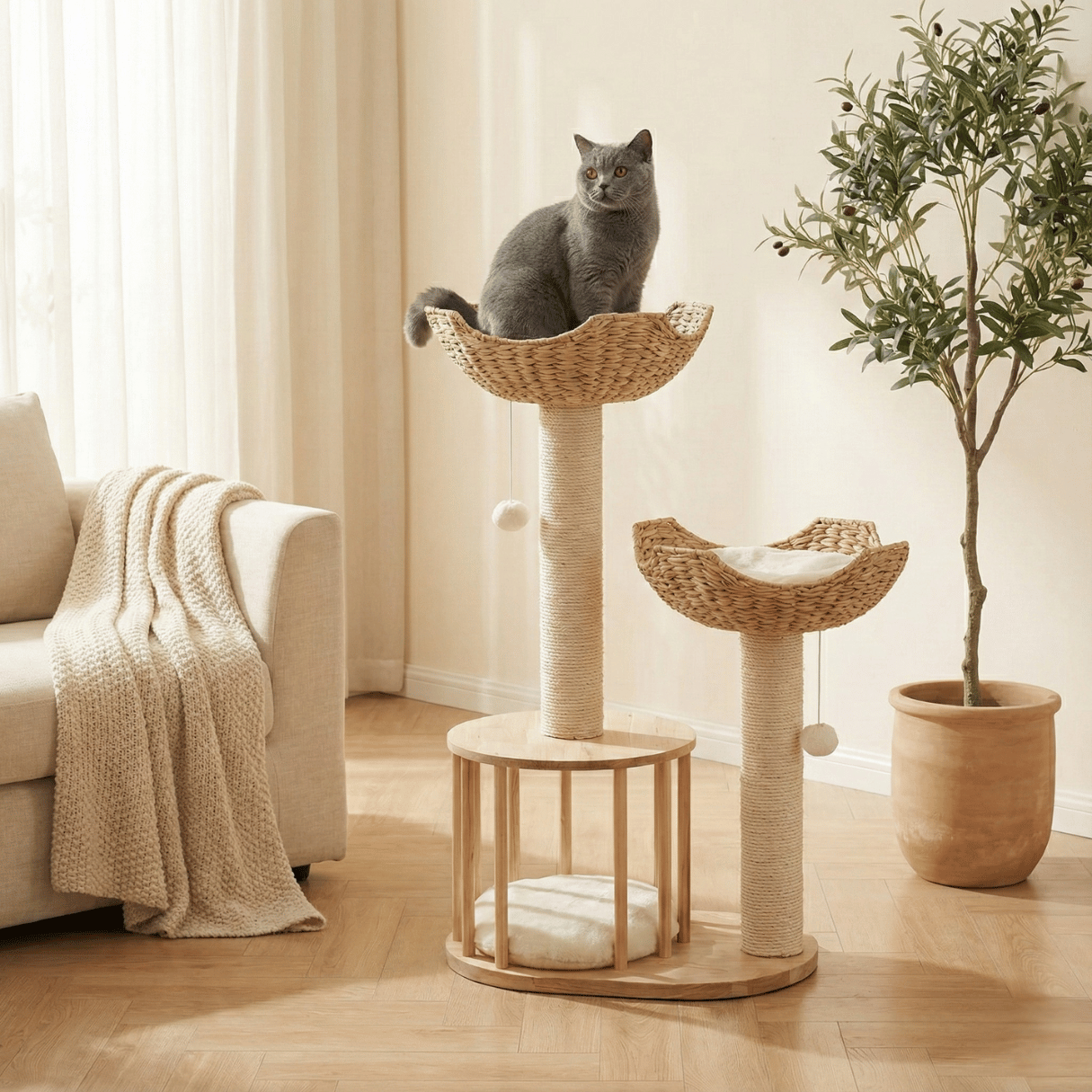 Dailypets Luxury Boho Cat Tree – Twin Woven Basket Cat Tower with Sisal Scratching Posts