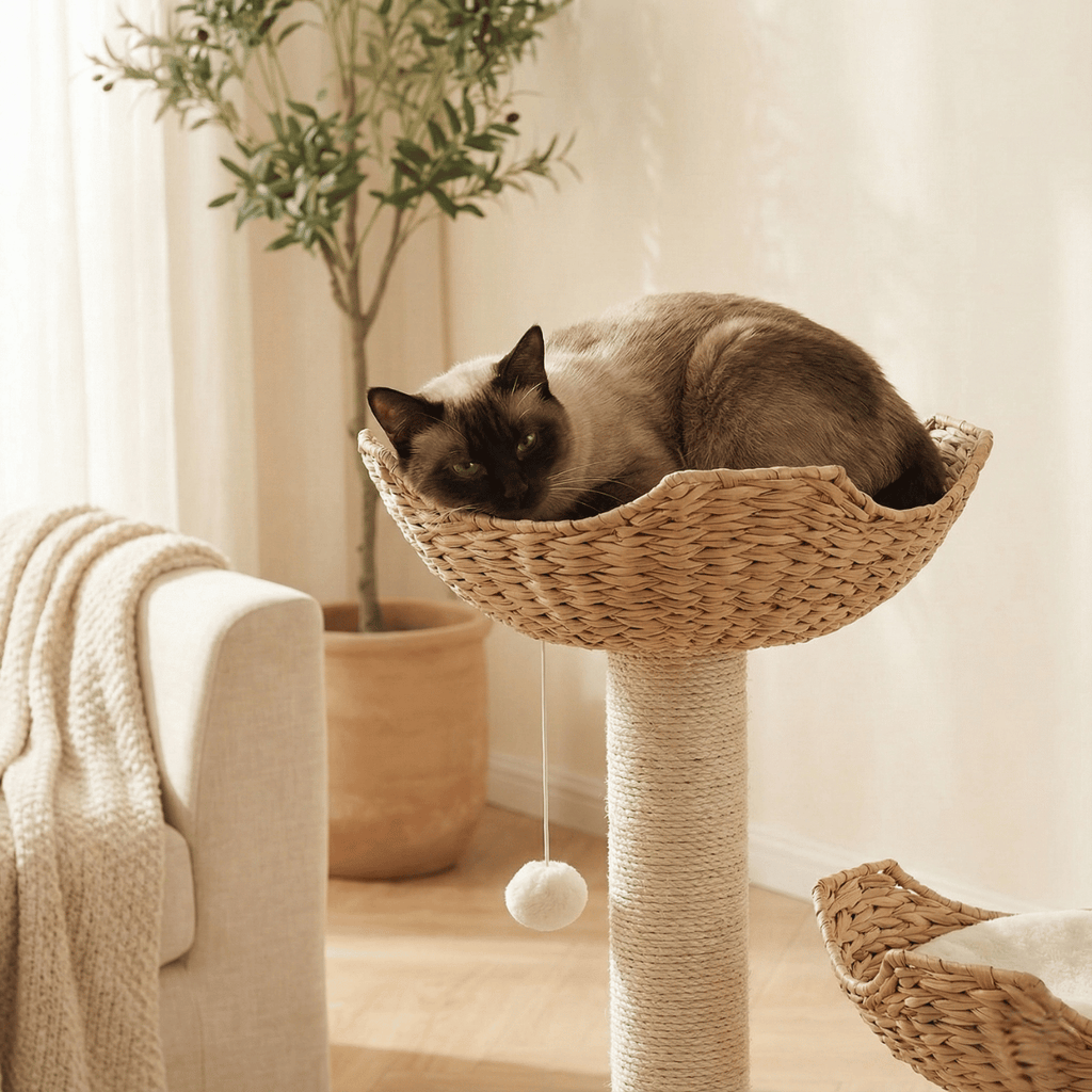 Dailypets Luxury Boho Cat Tree – Twin Woven Basket Cat Tower with Sisal Scratching Posts