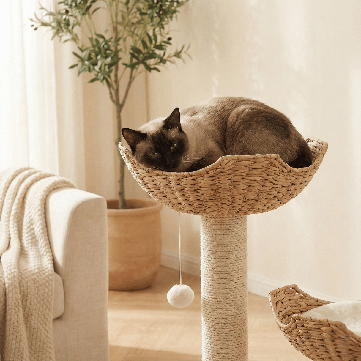Dailypets Luxury Boho Cat Tree – Twin Woven Basket Cat Tower with Sisal Scratching Posts
