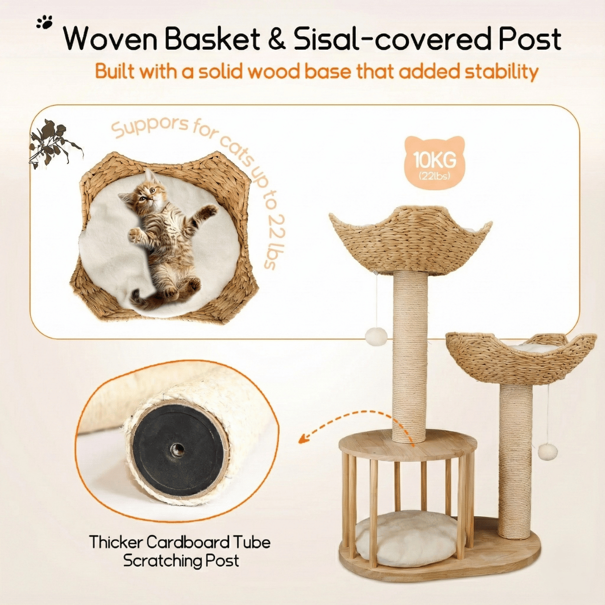 Dailypets Luxury Boho Cat Tree – Twin Woven Basket Cat Tower with Sisal Scratching Posts