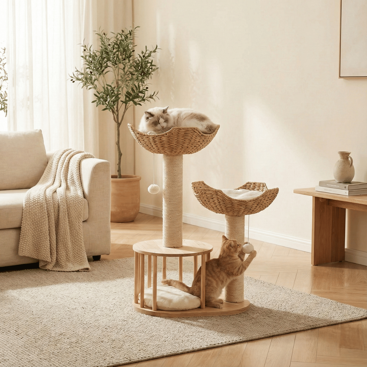 Dailypets Luxury Boho Cat Tree – Twin Woven Basket Cat Tower with Sisal Scratching Posts