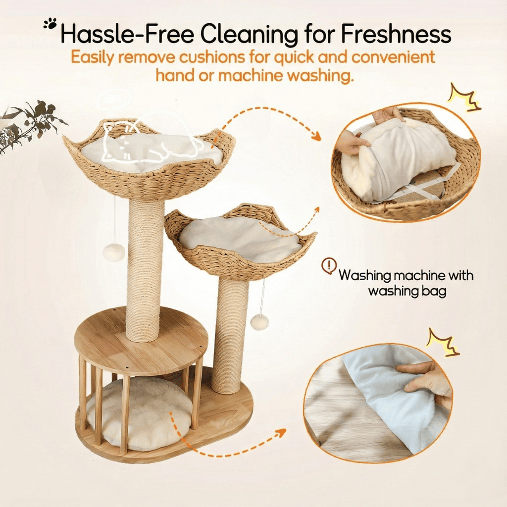 Dailypets Luxury Boho Cat Tree – Twin Woven Basket Cat Tower with Sisal Scratching Posts