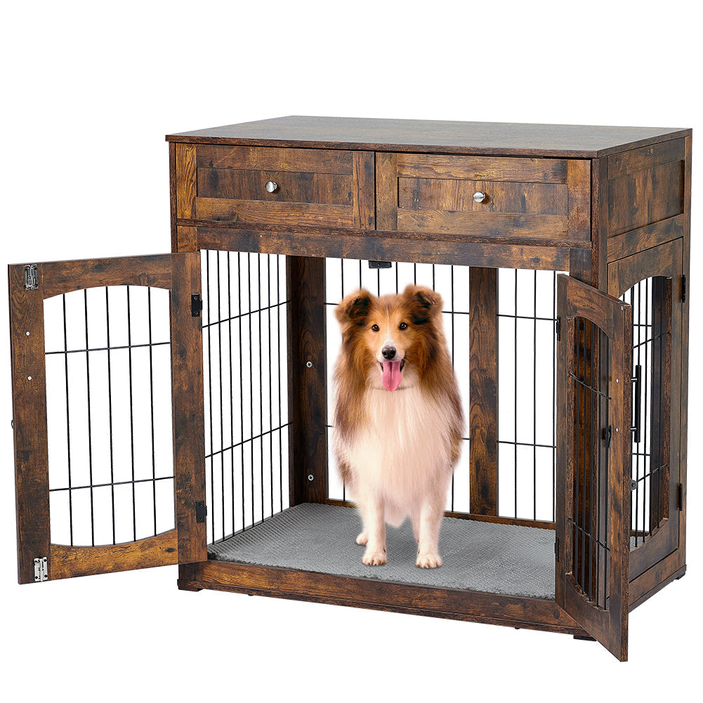 Dailypets Wooden Dog Crate Furniture with Cushion and 2 Storage Drawers