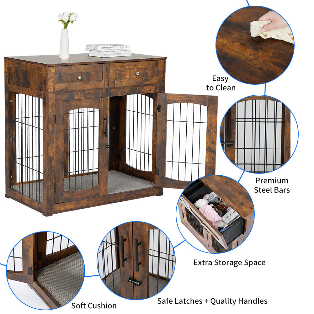 Dailypets Wooden Dog Crate Furniture with Cushion and 2 Storage Drawers